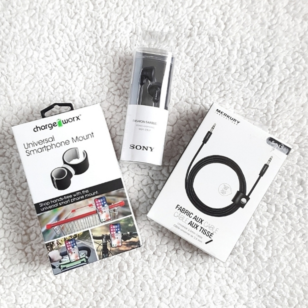NWT SONY Headphones / CHARGE WORX Phone Mount / MERKURY AUX Cord Cable Bundle